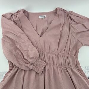 Calvin Klein Women's Pink Textured V-Neck Ruffle‎ Hem Long Sleeve Dress